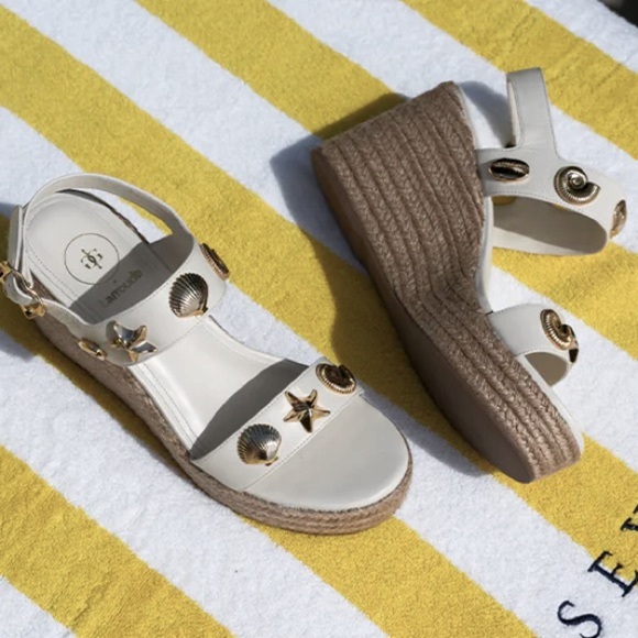 🐚 LARROUDE Rosewood Hotel Madison Espadrille Wedge Sandals Gold Seashell Charms - Picture 3 of 14